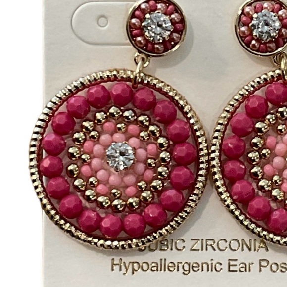 NWT J.CREW PINK BEADED CIRCLE STATEMENT EARRINGS - Picture 2 of 2